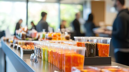 A colorful display of beverages and snacks in clear cups, set against a modern cafe backdrop, filled with people enjoying their time.