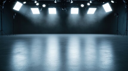 A serene studio space illuminated by monochrome lights, capturing a sense of professionalism and focus fit for creative photo or video sessions in clean settings.