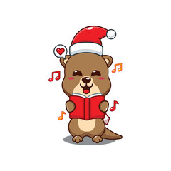 Cute otter sing a christmas song cartoon vector illustration.