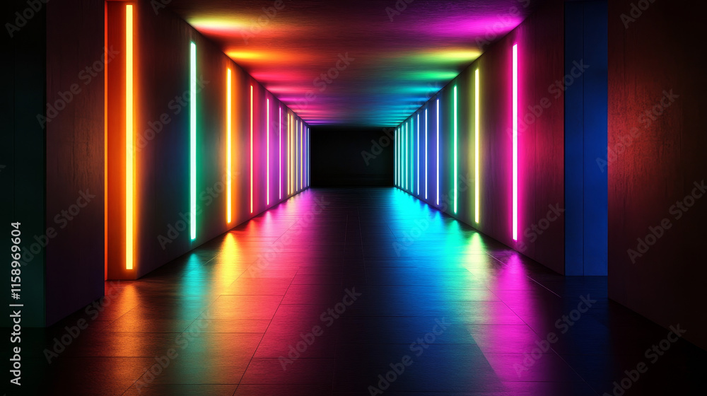 Poster a dark corridor lit by colorful neon lights. reflections on the floor and walls. empty background in