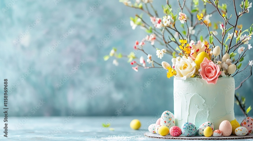 Poster a photo of a cake with eggs and flowers at its center and eggs surrounding it on a table