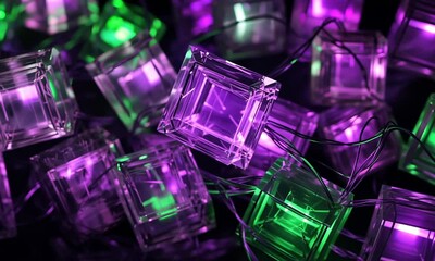 Purple and Green Cubic LED String Lights in a Dark Setting - Powered by Adobe