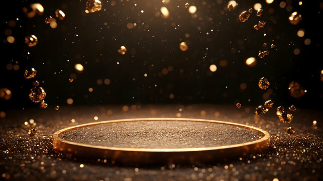 Golden particles falling on a round pedestal.