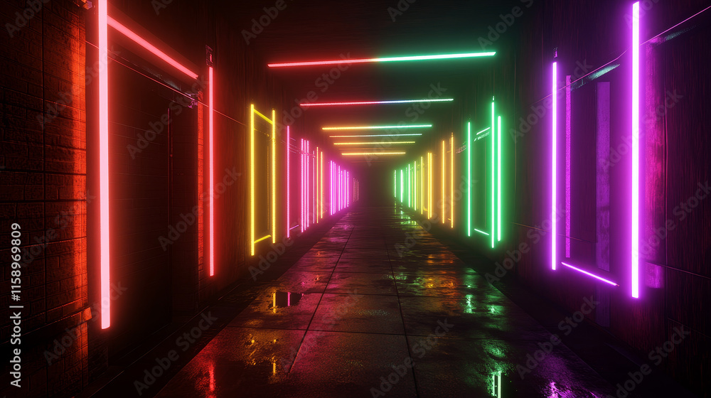 Poster a dark corridor lit by colorful neon lights. reflections on the floor and walls. empty background in