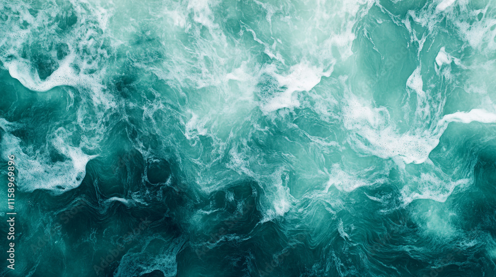 Poster waves crashing against each other creates a mesmerizing display of turquoise tones in a coastal loca