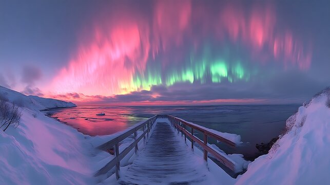 Pink and green aurora borealis over snowy coastal pier at sunset.