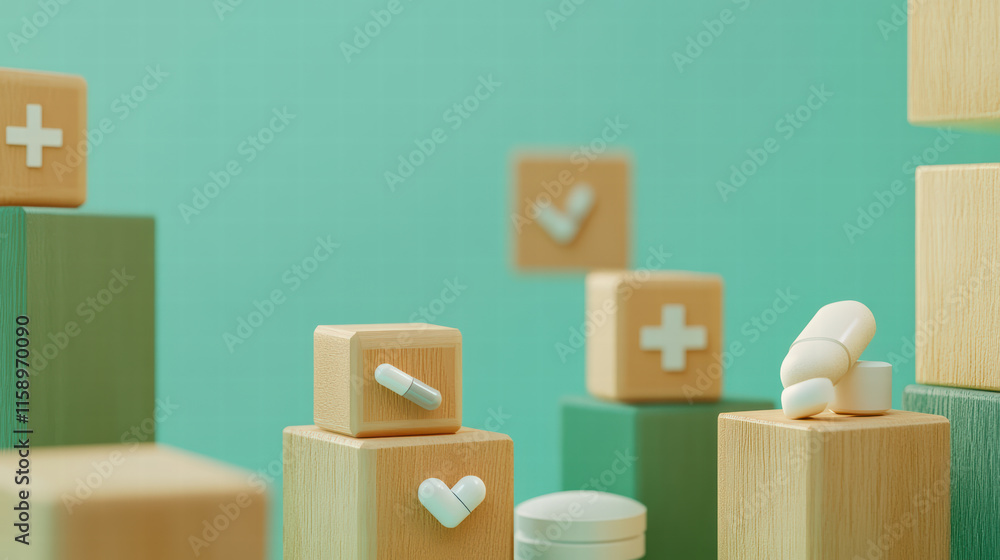 Poster minimalist setup of wooden blocks with medication symbols, creating serene and organized atmosphere.