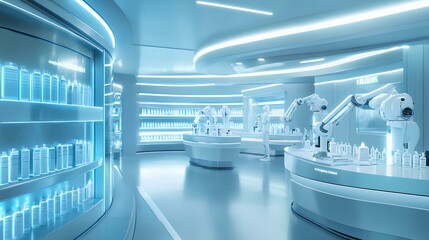 A modern, high-tech laboratory featuring robotic arms and illuminated shelves filled with various products.