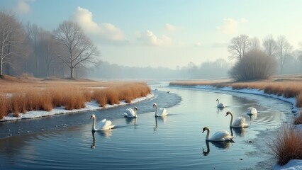 Naklejka premium Birds returning, Swans paddling on a clear, ice-free river, photorealistic.