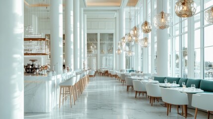 A luxury restaurant interior features bright white decor and elegant seating arrangements, showcasing a sophisticated dining environment bathed in natural light.
