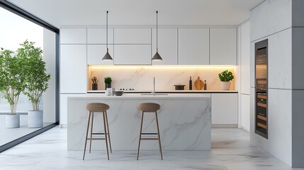 A modern kitchen featuring a marble island, pendant lighting, and sleek cabinetry, complemented by greenery and ample natural light.