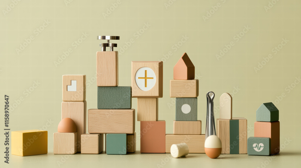 Aufkleber playful setup of wooden blocks displaying various shapes and colors, creating whimsical scene. arran