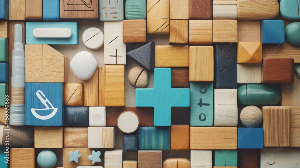 Poster vibrant arrangement of colorful wooden blocks, featuring various shapes and textures, creates playful and engaging composition. blocks include symbols and patterns, enhancing visual interest