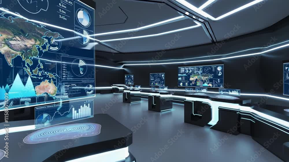 Poster high-tech control room showcasing global data analytics and interactive monitoring systems for enhan