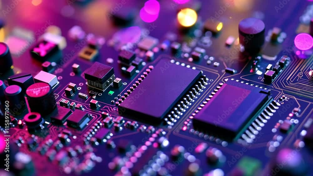 Poster close-up view of a computer circuit board illuminated by colorful lights, showcasing intricate elect