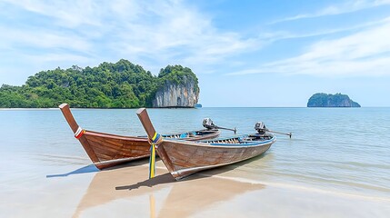 Fototapeta premium Tropical Beach Scene Wooden Longtail Boats on Calm Sea