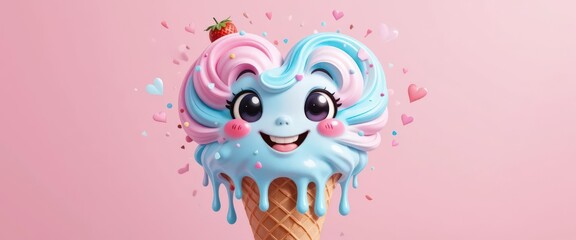 Fototapeta premium Cute smiling ice cream cone with pastel-colored swirls and a strawberry on top, surrounded by colorful hearts and sprinkles on a pink background.