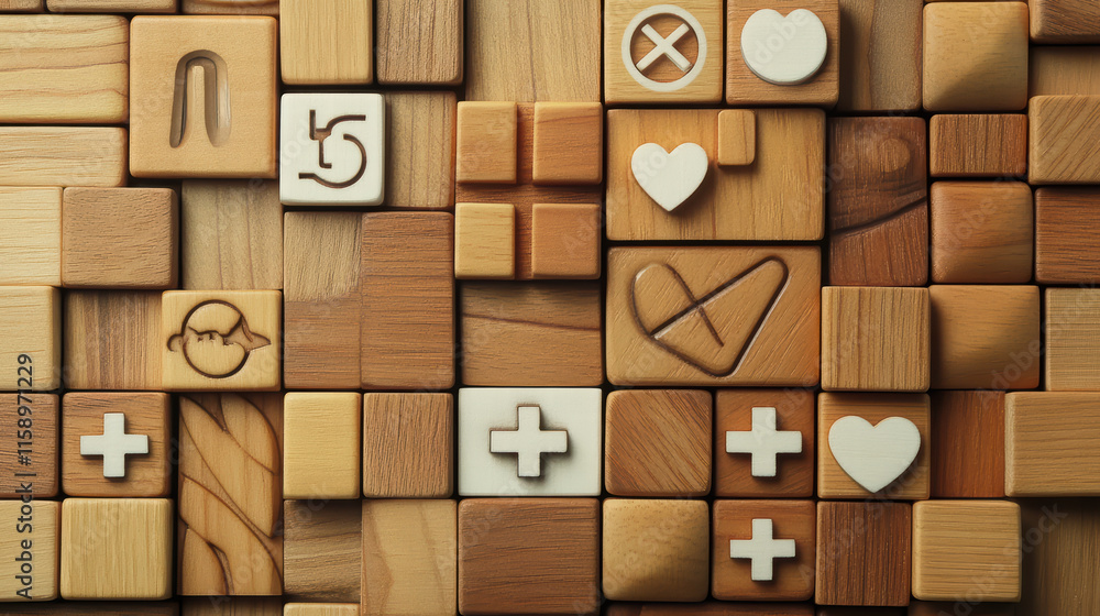 Aufkleber thoughtful arrangement of wooden blocks featuring various shapes and symbols, creating visually appe