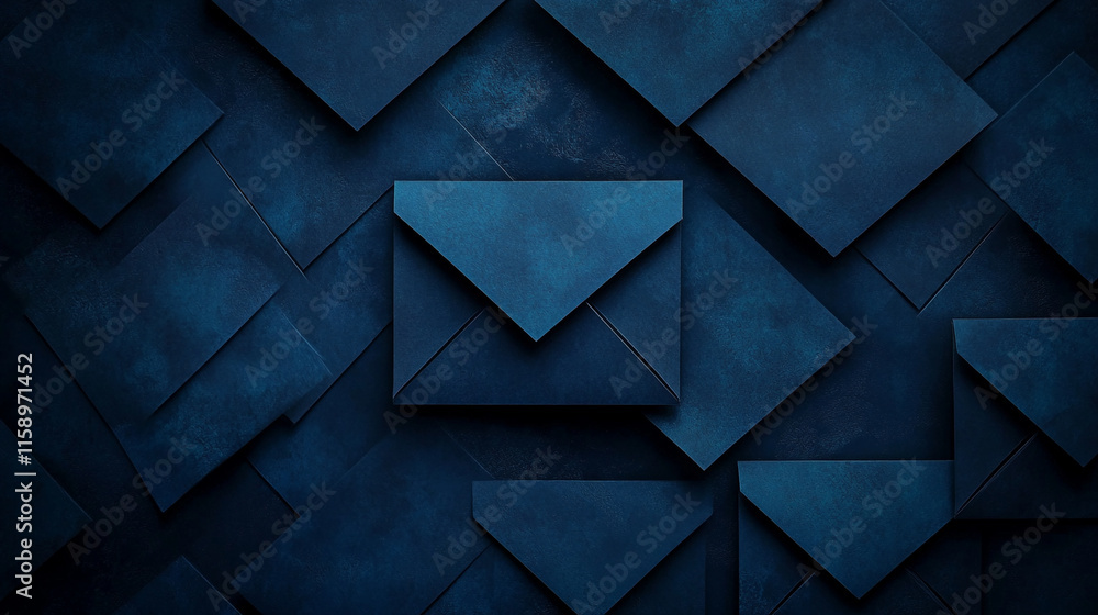 Poster dark blue envelopes arranged with one central envelope highlighted for emphasis in a modern design