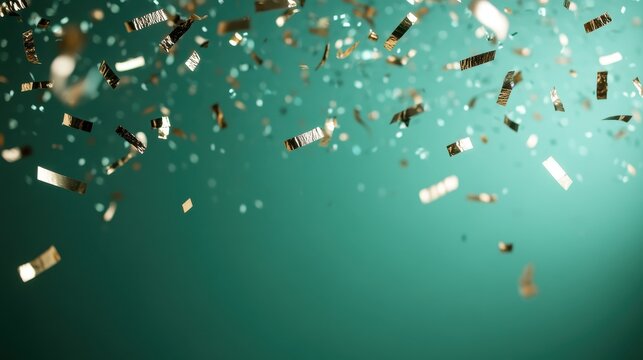 Golden confetti flakes gently float through the air against a lush green background, capturing a sense of celebration and ethereal beauty in minimalistic style.