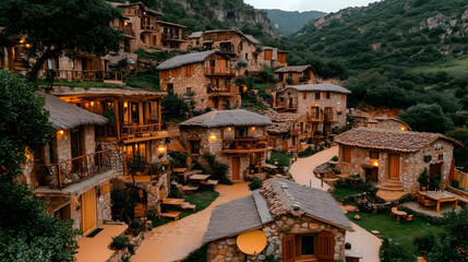 Fototapeta premium Hillside village at dusk, stone houses, winding paths, lush greenery.