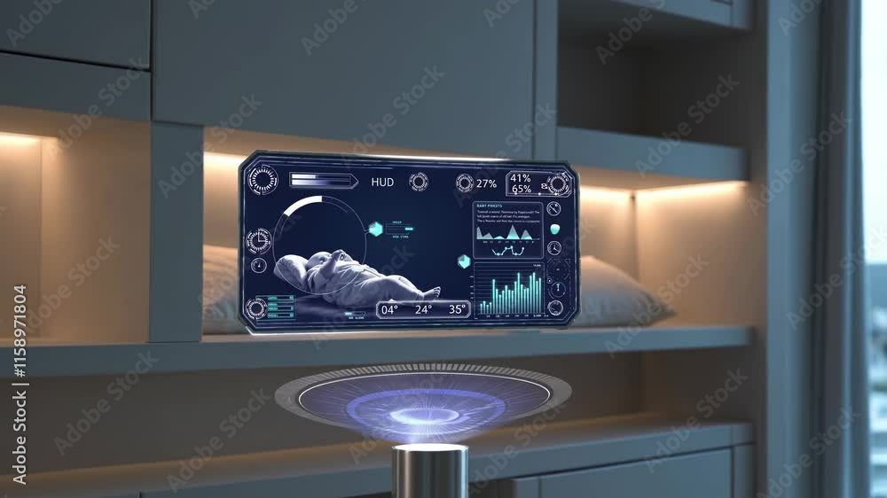 Poster advanced holographic display showcasing fetal monitoring data in a modern nursery setting