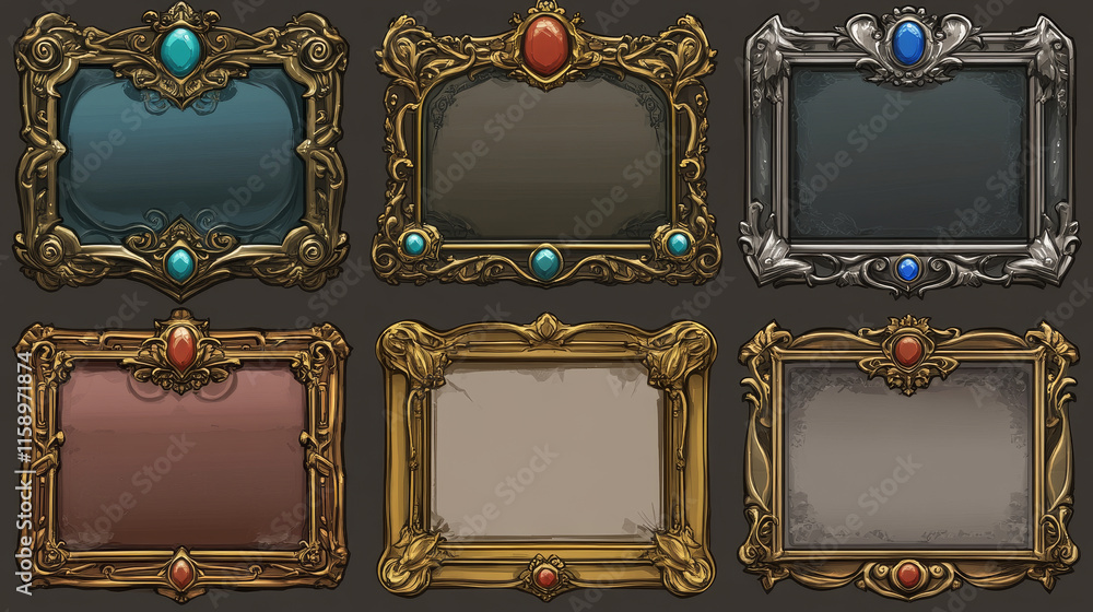 Poster empty rectangle frames in medieval style for game ui design. vector cartoon set of user interface el