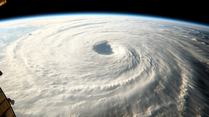 Hurricane from space, showing its eye and swirling clouds.