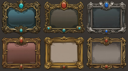 Empty rectangle frames in medieval style for game ui design. Vector cartoon set of user interface elements with golden bronze silver ornate flourish border, decorated with gems, isolated on background