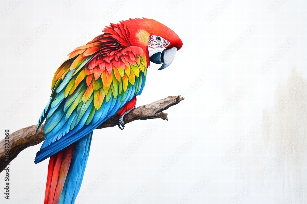 Fototapete bright parrot perched on a branch in a vivid display of colors with ample copy space for text. gener