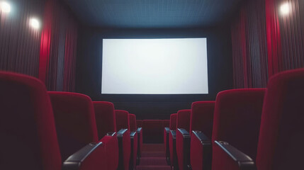 Fototapeta premium Movie theater, cinema hall with white screen and rows of red seats rear view. Empty interior with light blank screen, chair backs and illumination on ceiling and floor, Cartoon vector illustration