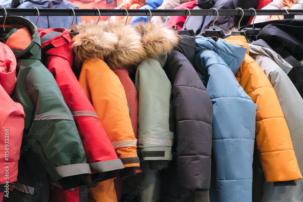 Poster rack of jackets with a variety of colors and styles. the jackets are hanging on a rack, and they are