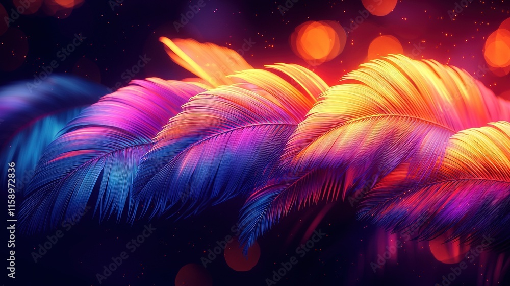 Poster a close-up of colorful feathers on a black background with bokeh in the background and a