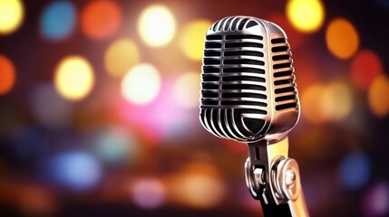 Illuminated Microphone on Stage in Dramatic Focus with Vibrant Spotlights in the Background. A Symbol of Performance, Speech, and Live Music in a Dynamic and Vibrant Atmosphere