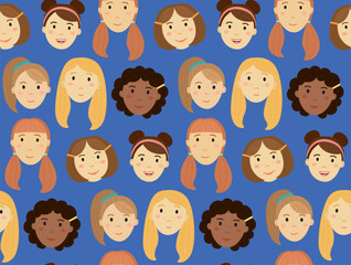 Seamless pattern with cartoon pretty faces of girls. Cute blue backdrop with smiling children
