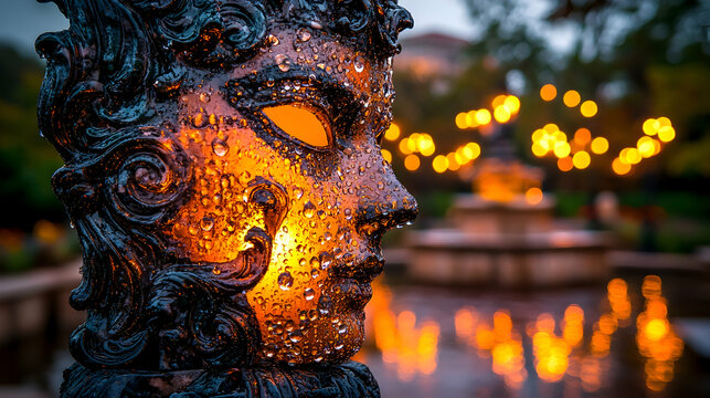 Illuminated rain-soaked stone mask near a fountain. - Powered by Adobe