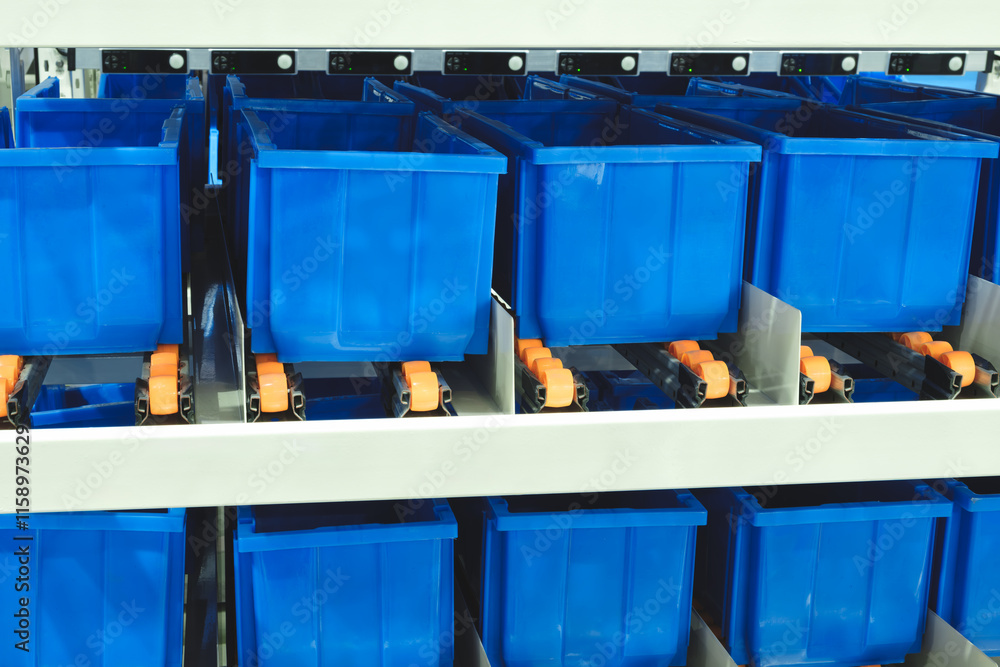 Poster a row of blue plastic containers with orange handles are stacked on top of each other. the container