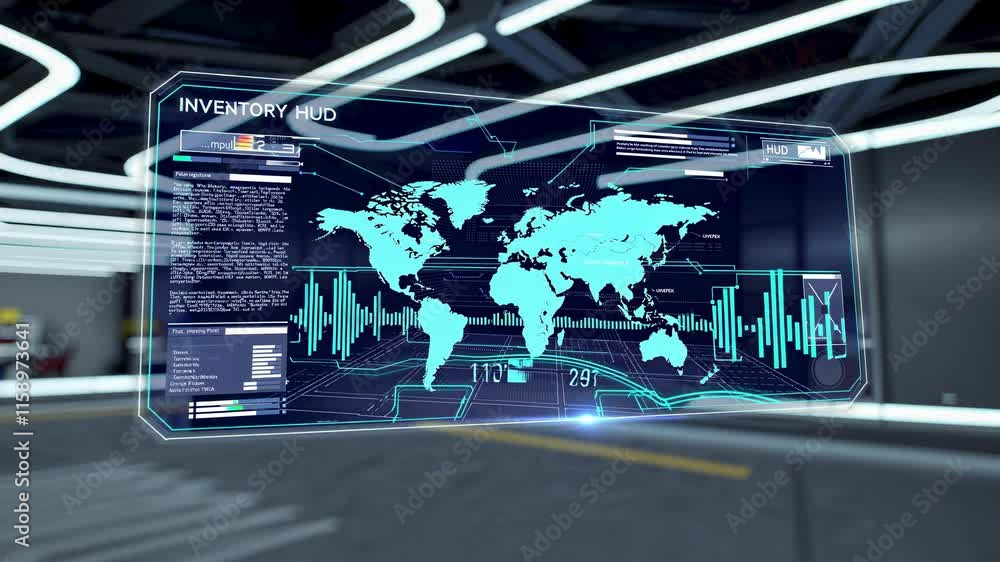 Poster advanced inventory management system displayed on a futuristic interface in a high-tech environment