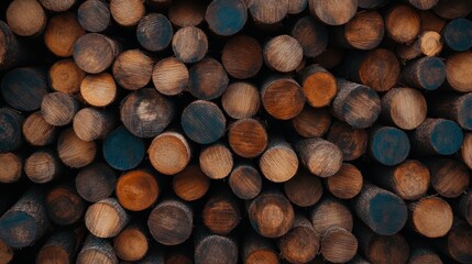 A visually appealing stack of diverse wooden logs emphasizes the variety in wood textures and colors, offering a raw glimpse into traditional logging practices.