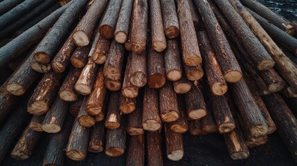 A pile of logs is neatly stacked, showcasing various shades of brown with their circular cut ends facing outward, emphasizing natural texture and rustic appeal.