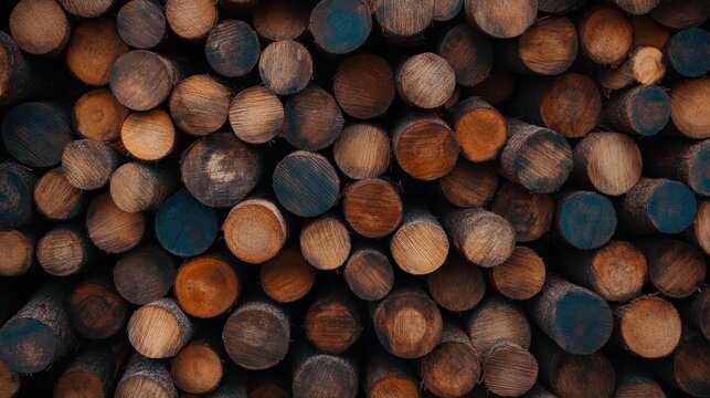 A visually appealing stack of diverse wooden logs emphasizes the variety in wood textures and colors, offering a raw glimpse into traditional logging practices.