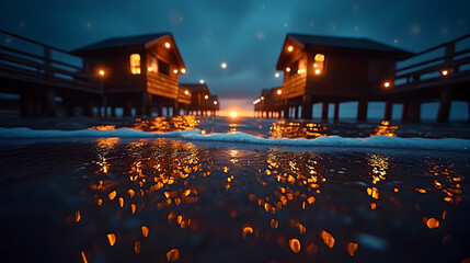 Illuminated waterfront cabins at sunset, reflected in tranquil waters.