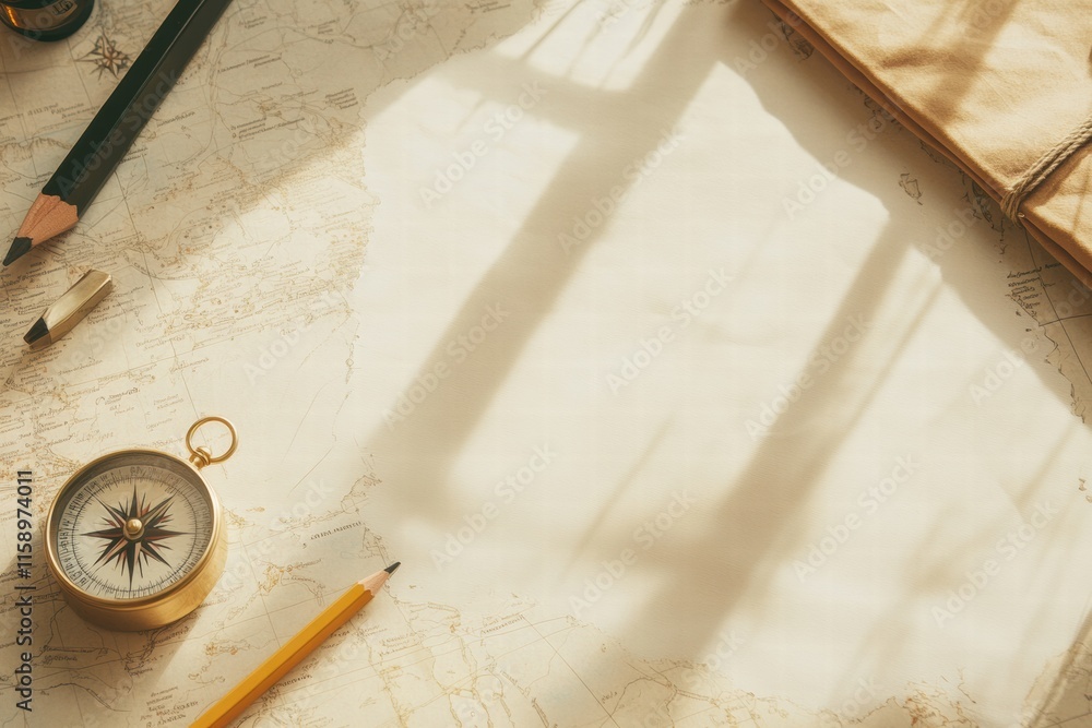 Leinwandbilder Vintage map and compass with pencil on table ready for exploration and adventure in a serene environment. Generative AI