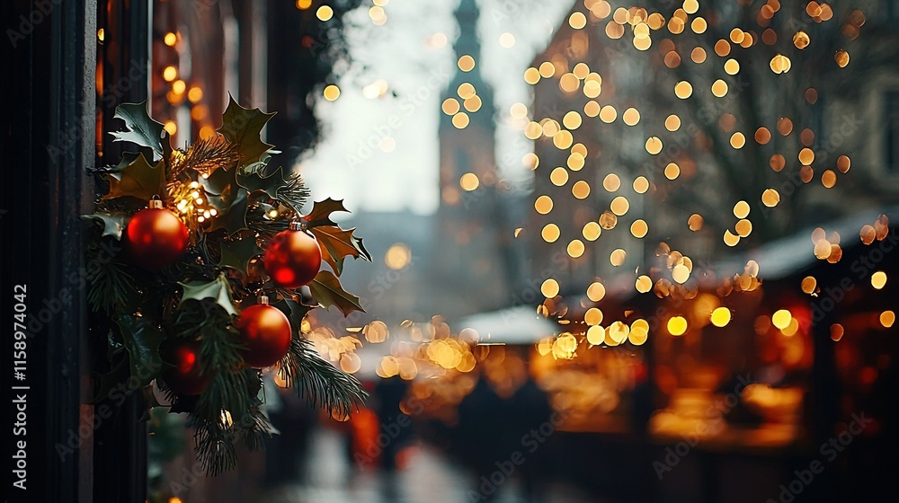 Aufkleber a close-up of a christmas wreath on a window sill in front of a building with lights in the backgrou