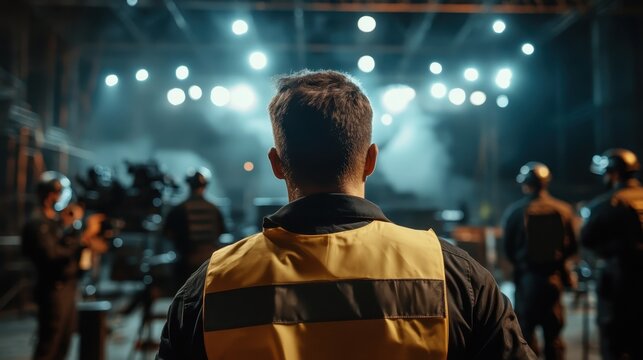 A powerful image showing the back of security personnel in protective gear, observing a dimly lit venue, highlighting action and responsibility themes.