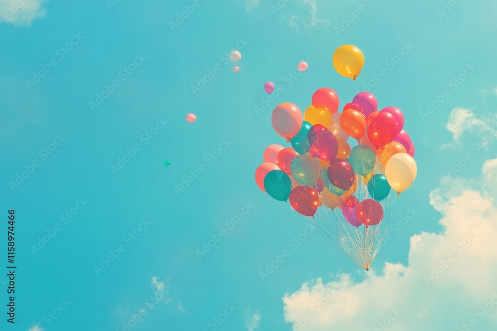 Poster colorful balloon cluster floating high in a bright blue sky on a sunny day. generative ai