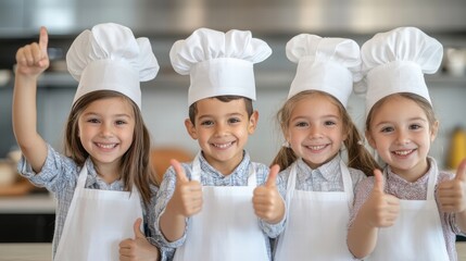 Mini Master Chefs: A group of adorable kids, dressed in chef hats and aprons, proudly give a thumbs up, showcasing their culinary passion and playful spirit.  
