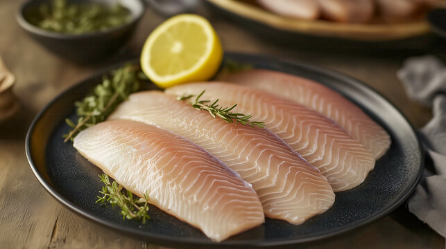 Fresh pangasius fillets with lemon and parsley on marble countertop