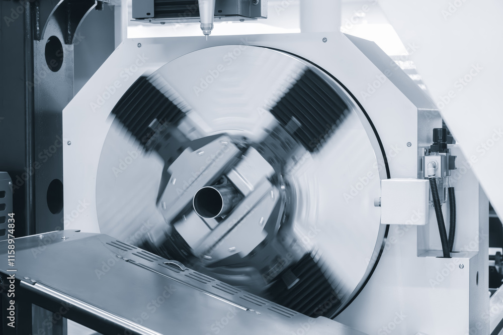 Poster machine with a rotating tube fixed in a spindle. metal cutting and metalworking machines concept