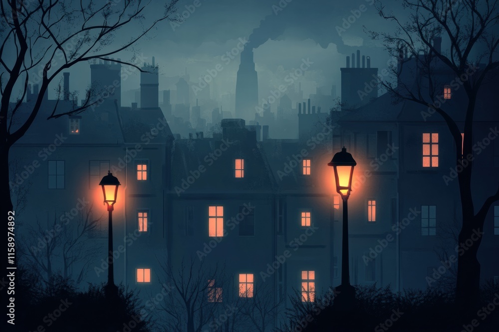 Poster mysterious dark cityscape with illuminated windows in the midst of a quiet night. generative ai